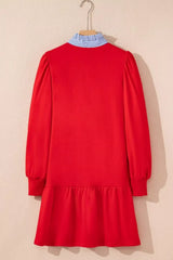 Contrast Striped Collar Patchwork Puff Sleeve Ruffle Hem Mini Dress