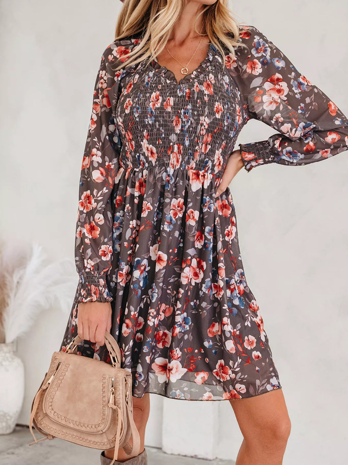 Frilly Smocked Bodice Floral Mesh Long Sleeve Mini Dress