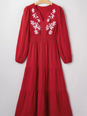 Contrast Embroidered Detail Cinched Waist Tiered Long Sleeve Maxi Dress