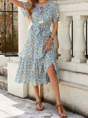 Floral Print Ruffle Hem Tie Front Midi Dress