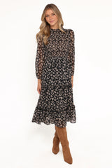 Edwina Shirred Frill Long Sleeve Midi Dress - Black Ditsy Floral
