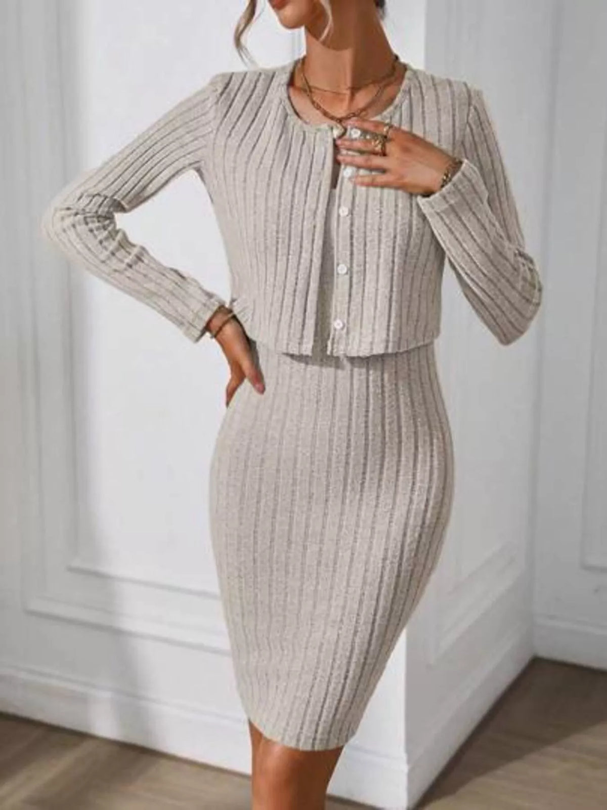 Ribbed Knit Bodycon Cami Dress with Cardigan