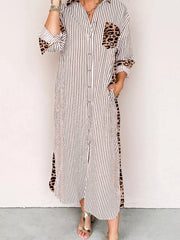 Striped Leopard Print Button Up Shirt Dress
