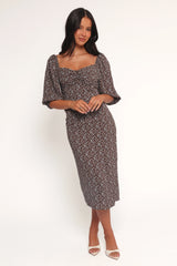 Oona Midi Dress - Brown Blue Floral