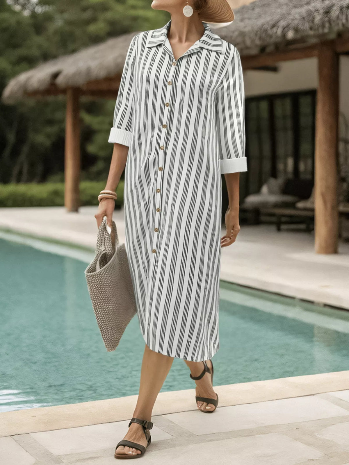 Plus Size Striped Button Front Midi Dress