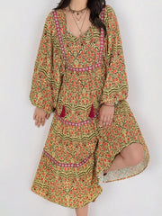 Floral Tiered Midi Dress with Balloon Sleeves