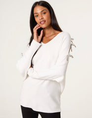Diamante Bow Cut Out Sleeve Jumper