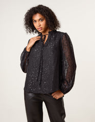 Jacquard Button And Tie Front Blouse