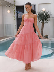 Semi-Sheer Back Smocking Design Tiered Cami Long Dress