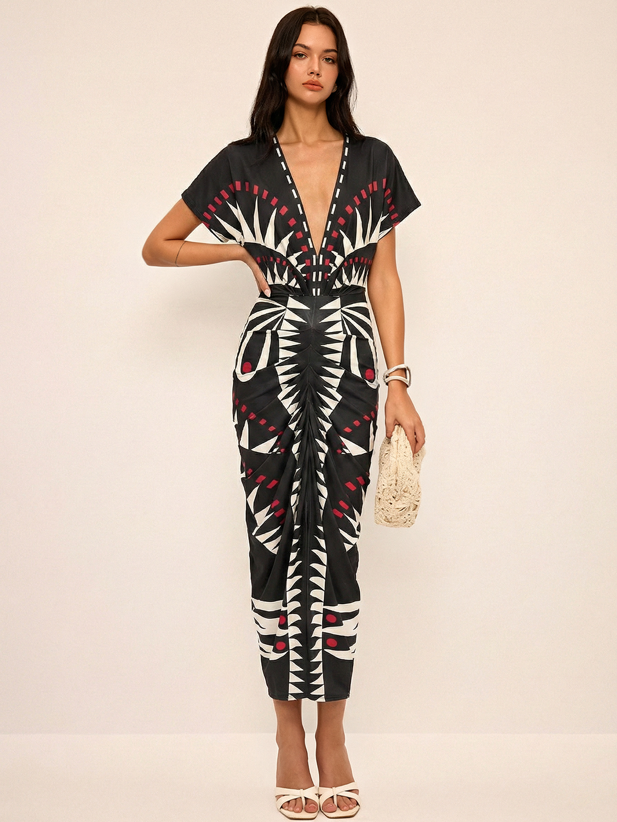 Geometric Print Deep V-Neck Midi Dress
