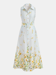 Floral Striped Sleeveless Belted Midi Dress