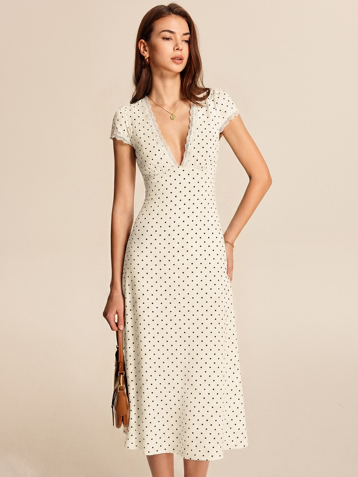 Polka Dot Lace Trim Midi Dress