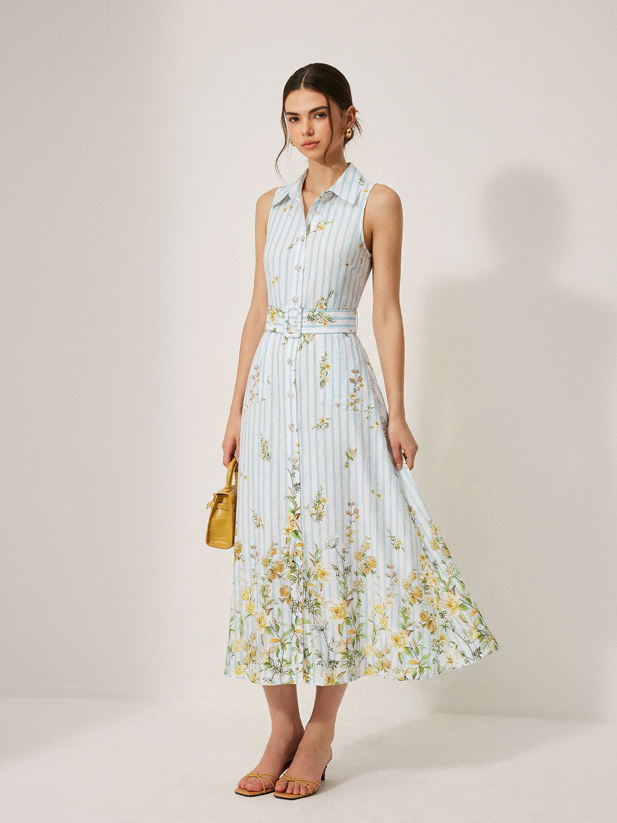 Floral Striped Sleeveless Belted Midi Dress