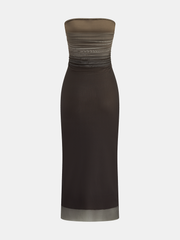Ombre Mesh Ruched Strapless Midi Dress