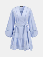 Cotton V-Neck Lantern Sleeve Belted Mini Dress