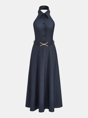 Halter Belted Collared Denim Maxi Dress