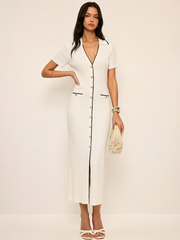 Contrast Trim Button Front Knit Maxi Dress