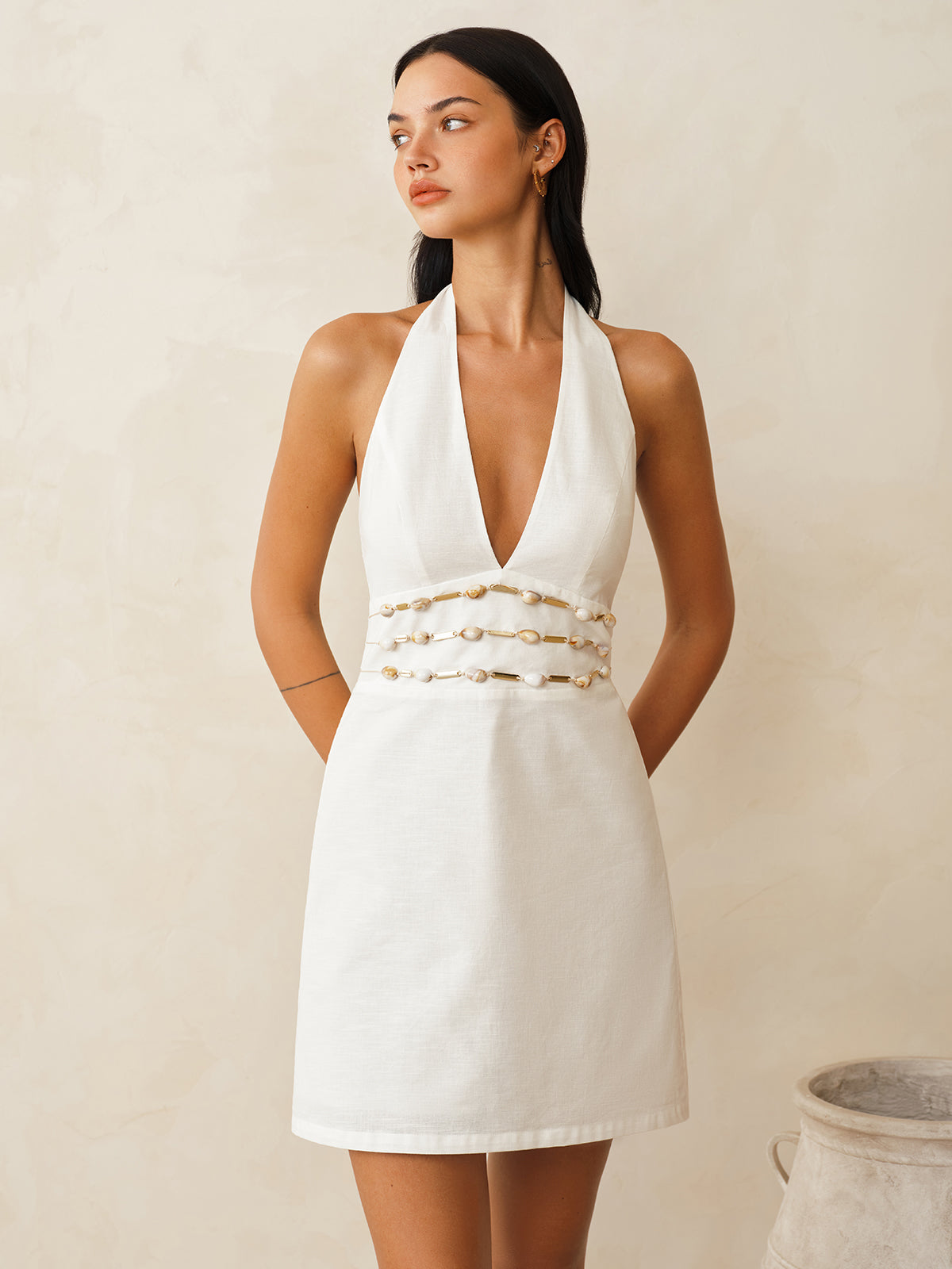 Cotton Linen Halter Shell Waist Mini Dress