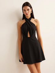 Cross Halter Cotton Linen Mini Dress