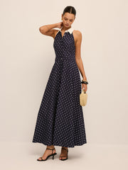 Polka Dot Contrast Collar Cotton Linen Dress