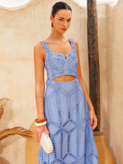 Eyelet Embroidery Cutout Waist Midi Dress