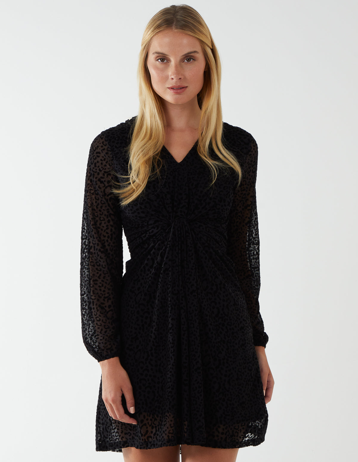 Leopard Print Flocked Knot Front Angel Sleeve Dress