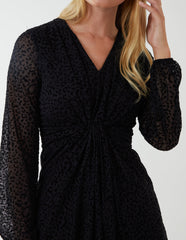 Leopard Print Flocked Knot Front Angel Sleeve Dress