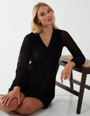 Leopard Print Flocked Knot Front Angel Sleeve Dress