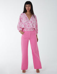 Leopard Print Elasticated Sleeve Wrap Front Elastic Hem Top