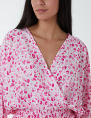 Leopard Print Elasticated Sleeve Wrap Front Elastic Hem Top