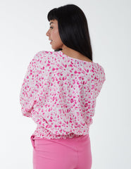 Leopard Print Elasticated Sleeve Wrap Front Elastic Hem Top
