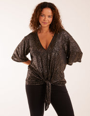 Leopard V Neck Tie Front Top