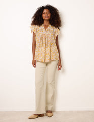 Ditsy Floral Cotton Ruffle Sleeve Top