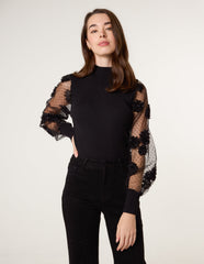 Turtle Neck Jumper With Mesh Polka Dot And Flower Detailed Sleeves