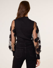 Turtle Neck Jumper With Mesh Polka Dot And Flower Detailed Sleeves