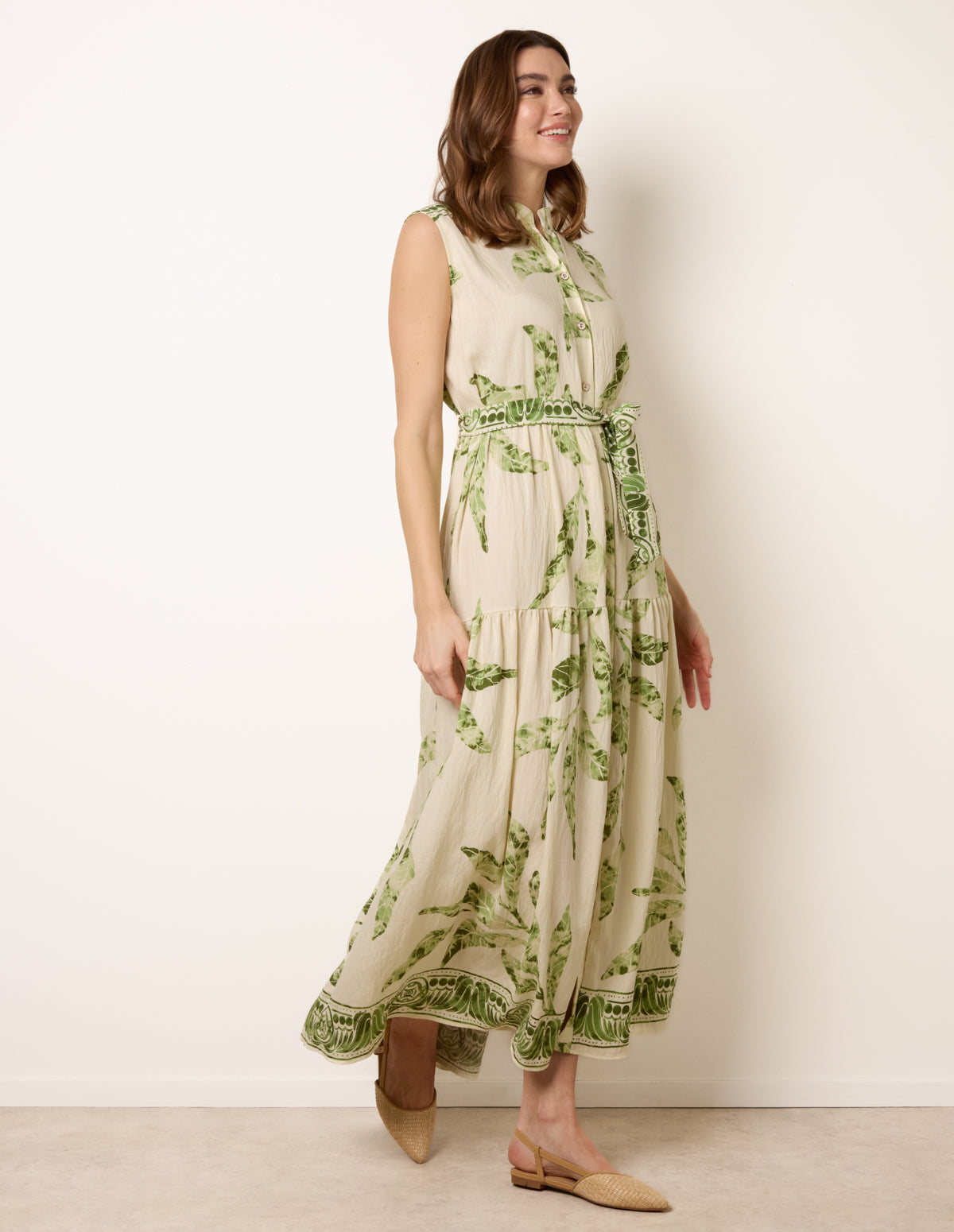 Leaf Print Collarless Shirt Dress With Belted Waist