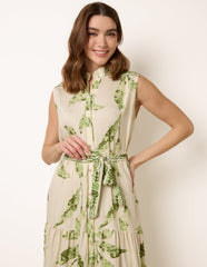 Leaf Print Collarless Shirt Dress With Belted Waist