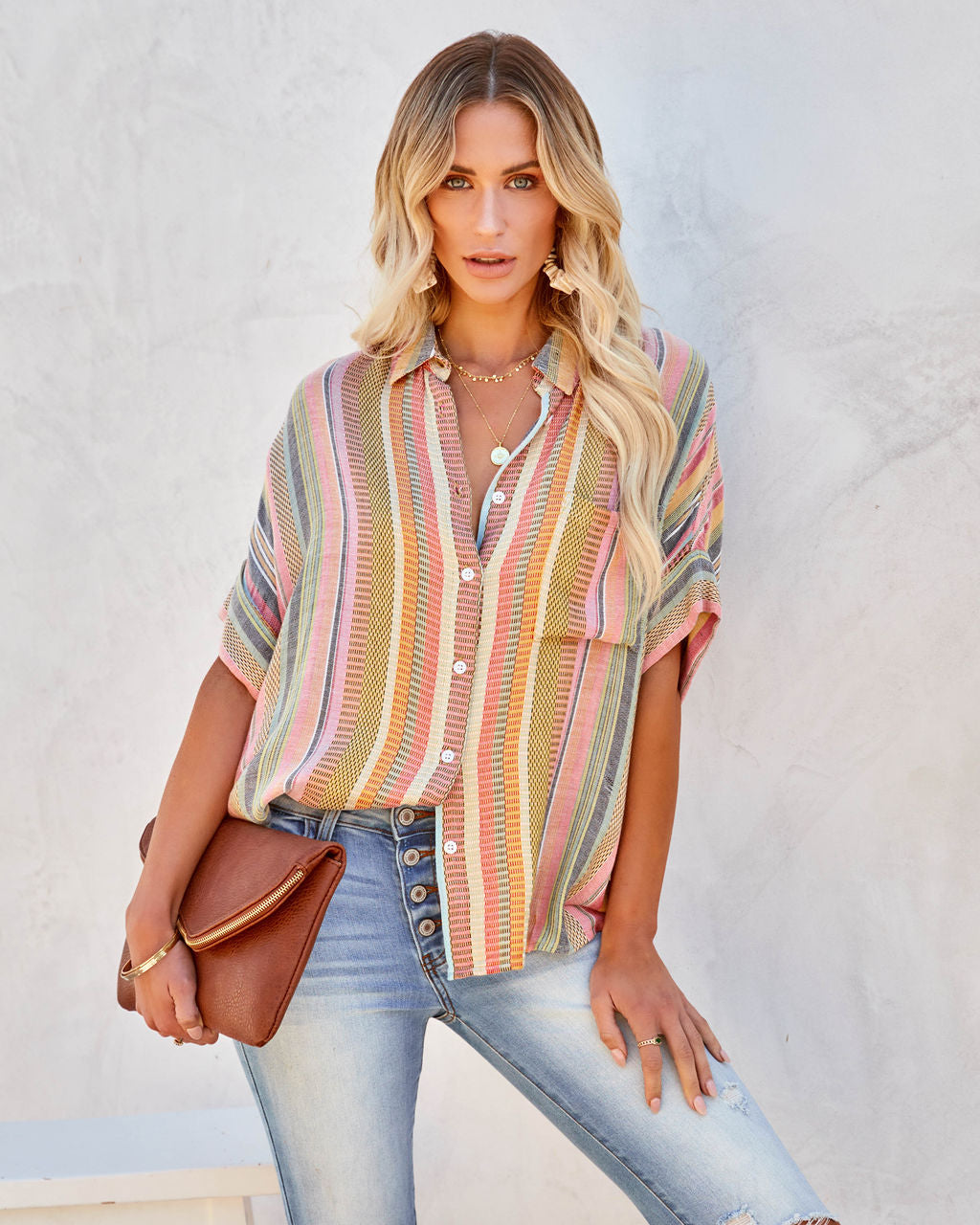 Camille Striped Woven Button Down Top - Yellow Multi