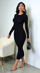 Alexandra Long Sleeve Knit Cable Midi Dress - Black