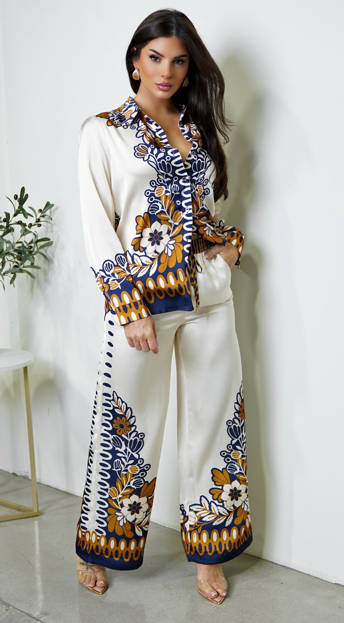 Georgina Floral Print Satin Set - Cream