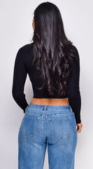 Astraia Basic Turtle Neck Crop Ribbed Sweater Top - Black
