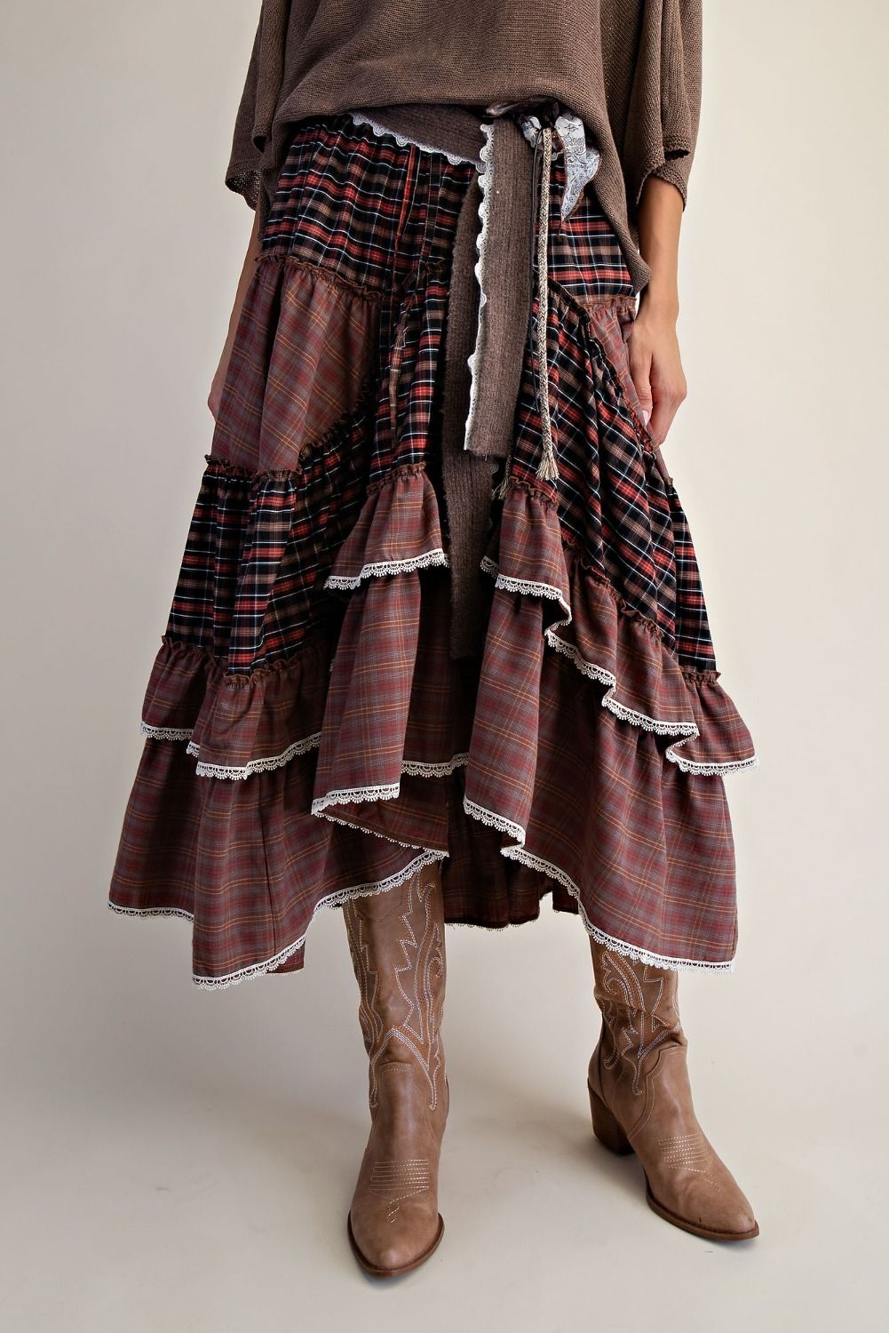 Country Market Plaid Midi Skirt