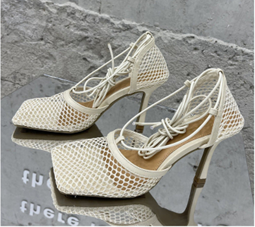 Fishnet Squared Toe Lace Up Heels