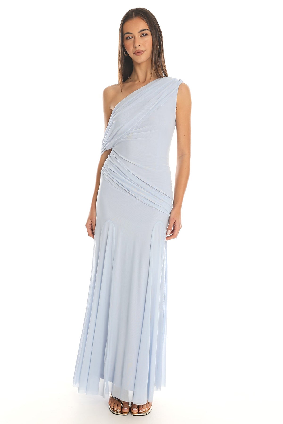 Anaisa Asymmetric Neckline Draped Maxi Dress Baby Blue