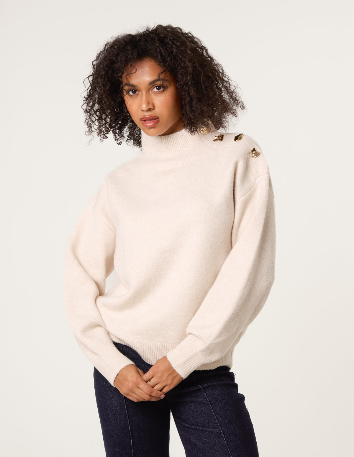 Turtle Neck Shoulder Brooch Detailed Jumper