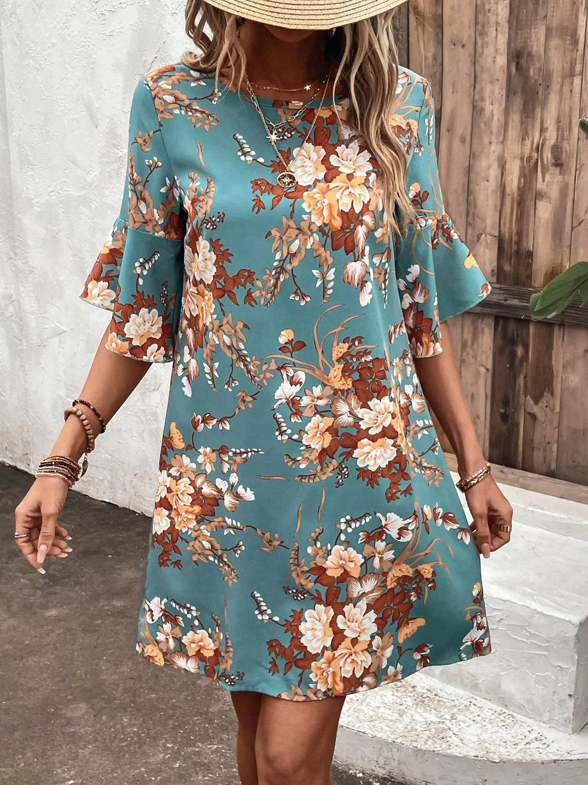 Floral Print Flounce Sleeve Casual Dress