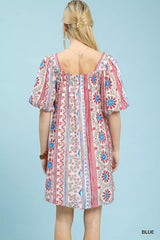 Umgee Mixed Print Puff Sleeve Mini Dress