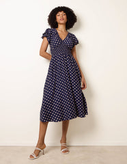 Polka Dot Elastic V Neck Midi Dress