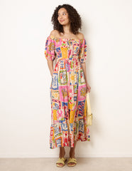Postcard Tie Front Bardot Shirred Midi Dress