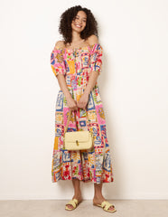 Postcard Tie Front Bardot Shirred Midi Dress